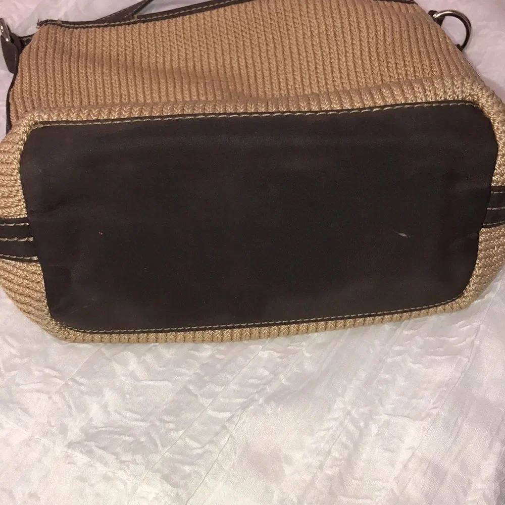 lina Woven Knit Macrame Thread Vinyl Combo Hobo Tan Brown Shoulder Bag
